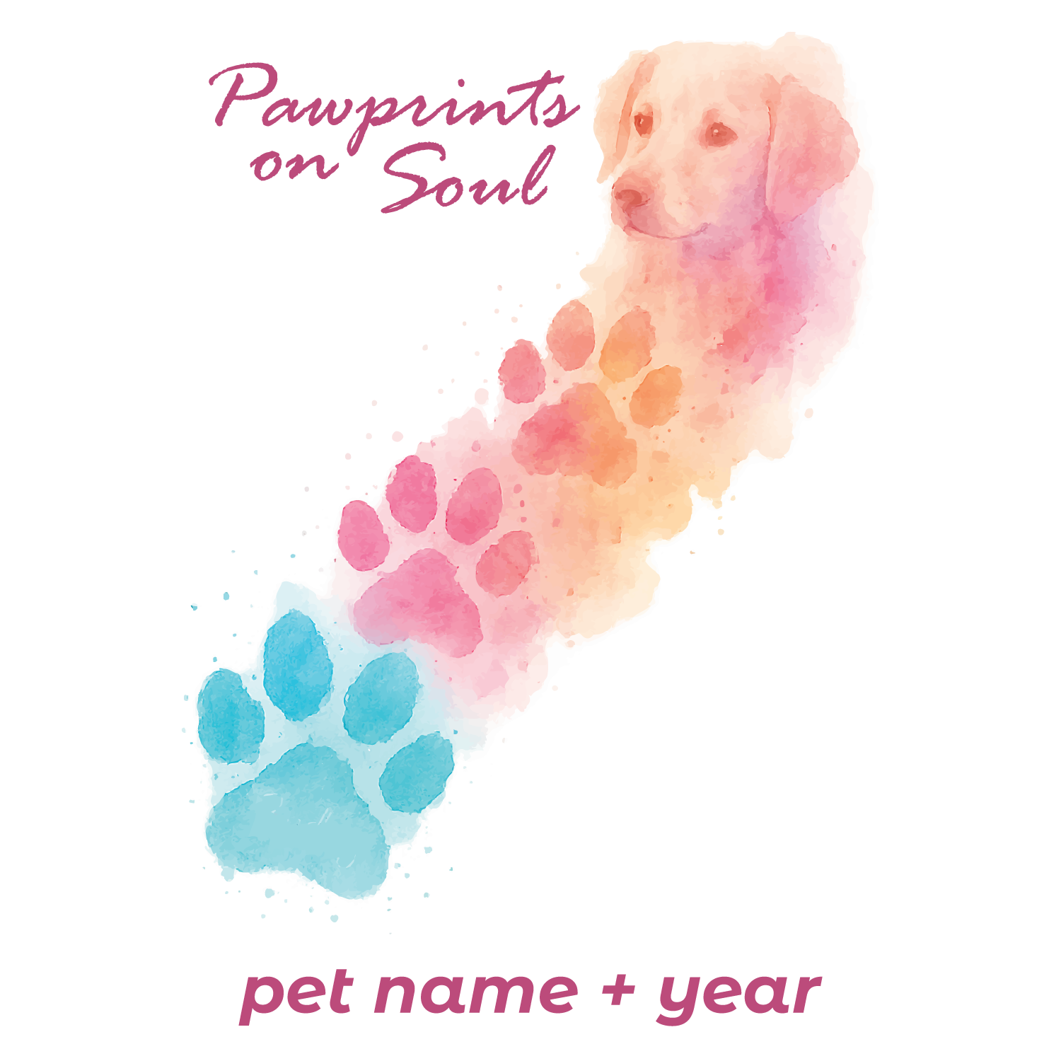 Watercolor paw trail with pet face design — customizable pet name and year on T-shirt.
