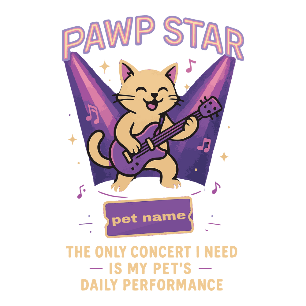 Cat playing guitar under stage lights with banner customizable for pet name.