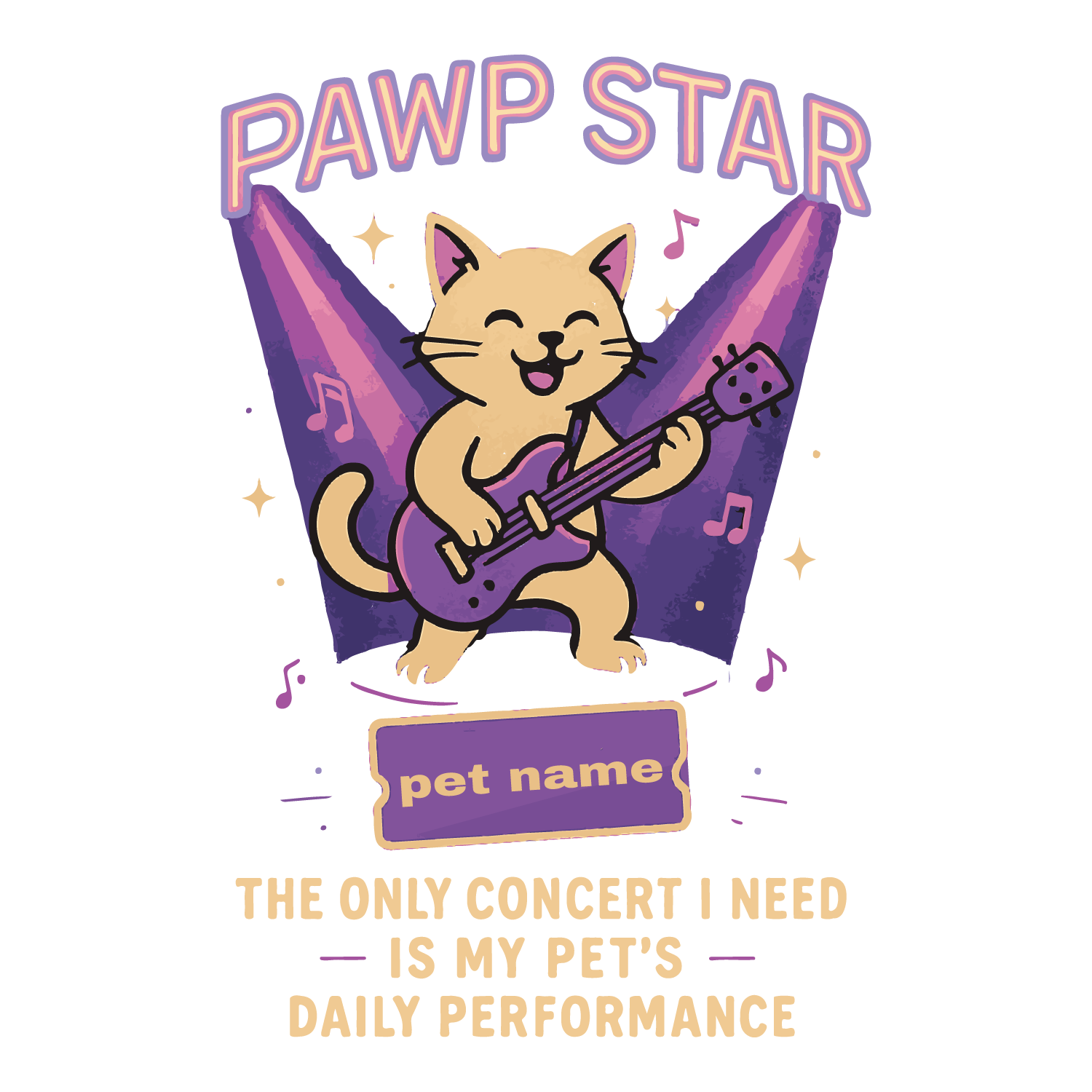 Cat playing guitar under stage lights with banner customizable for pet name.