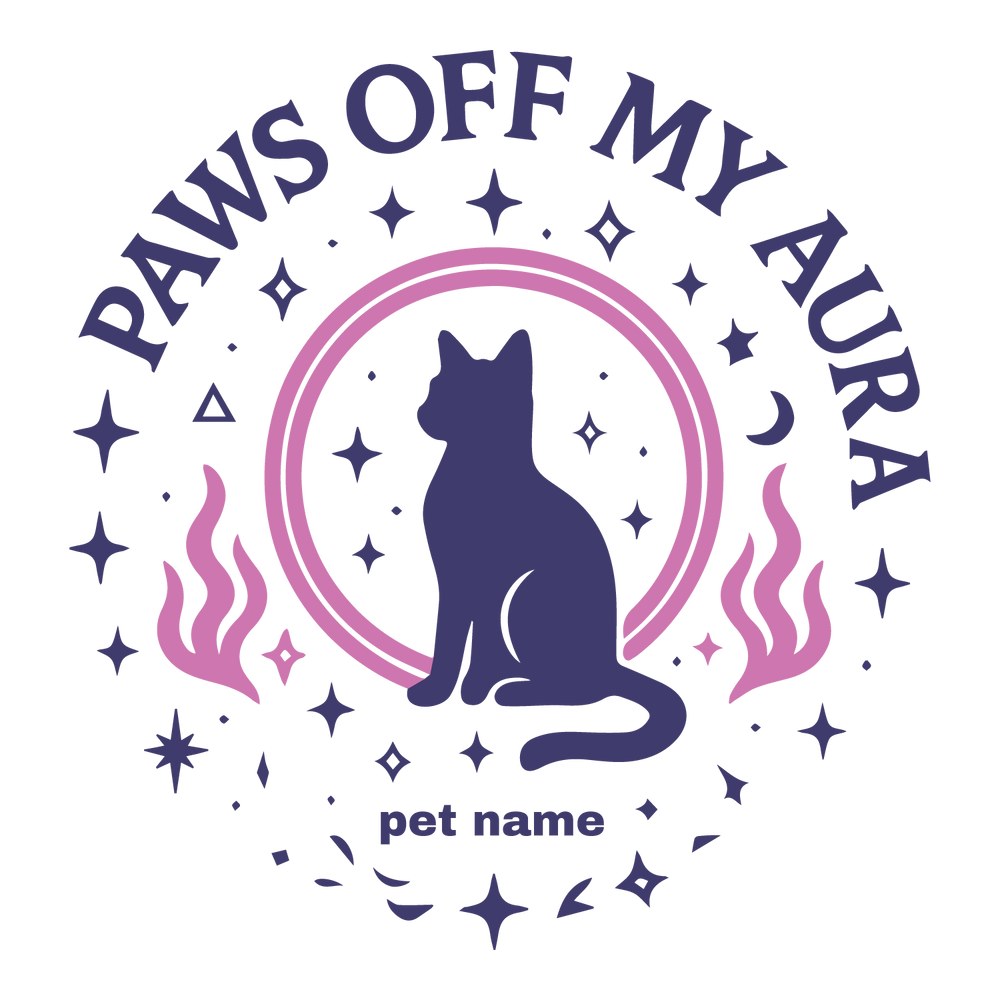 Mystical cat silhouette with stars, moons, flames, customizable pet name text.