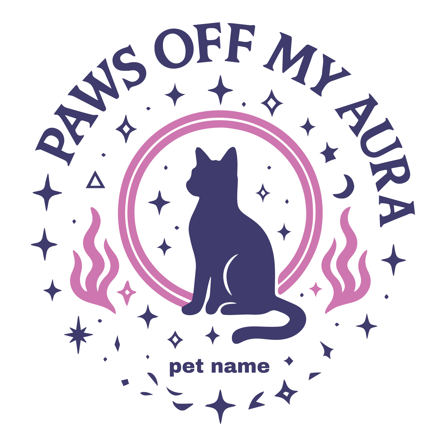 Mystical cat silhouette with stars, moons, flames, customizable pet name text.