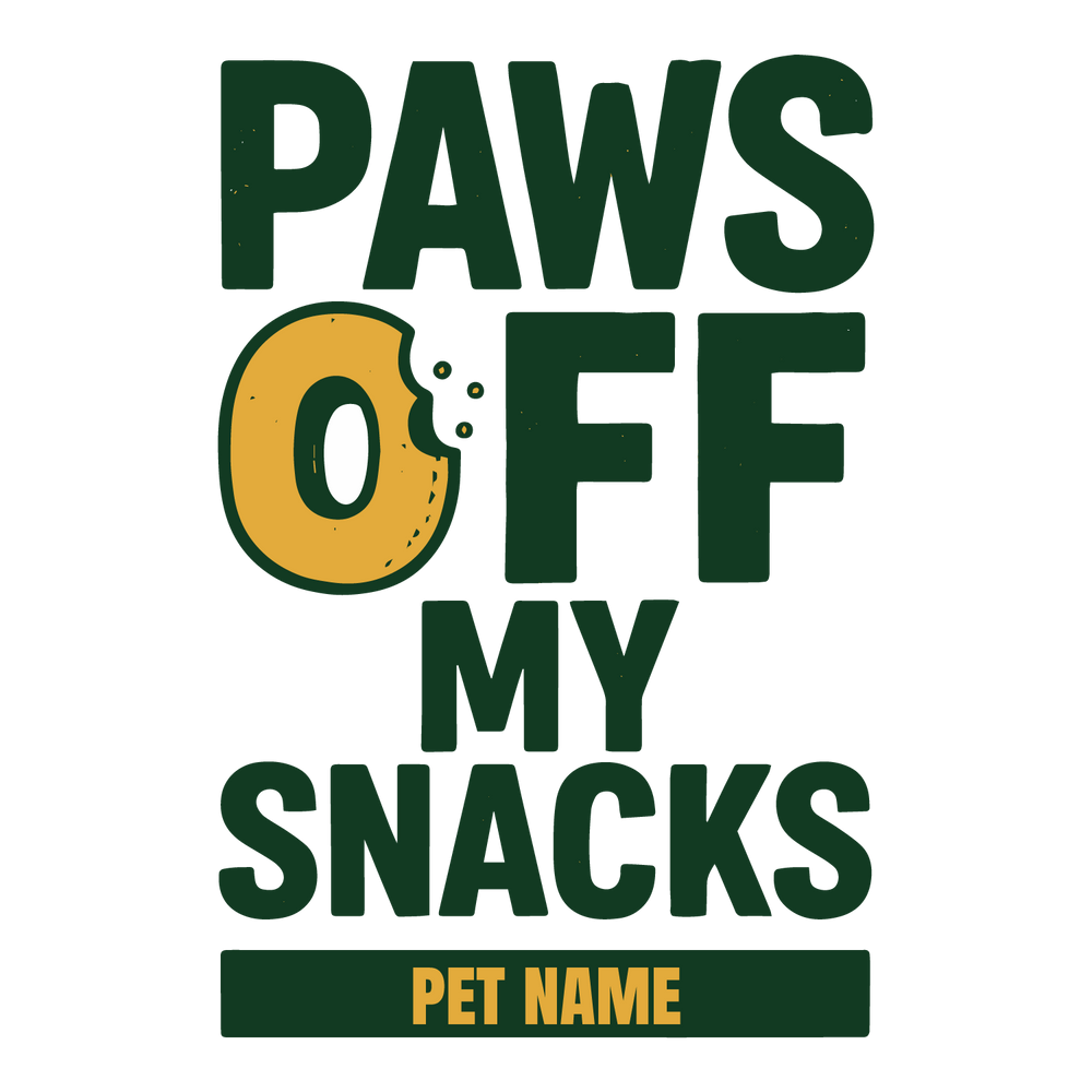 Funny “Paws Off My Snacks” custom dog T-shirt with bite-mark design and editable pet name.