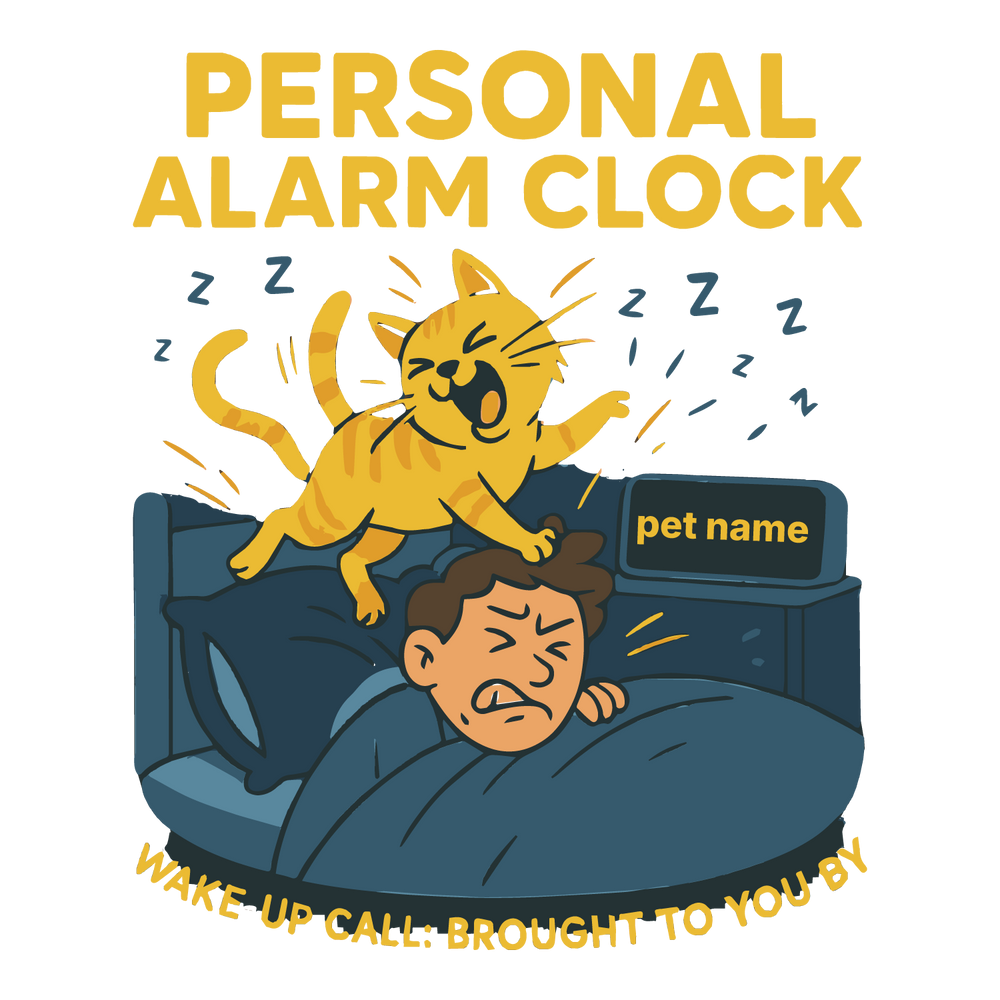 Cartoon cat waking owner in bed, digital clock customizable with pet name.