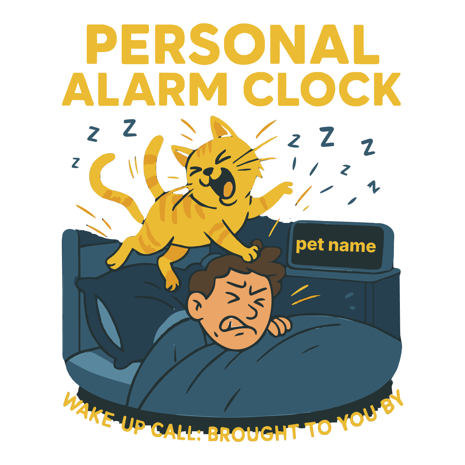 Cartoon cat waking owner in bed, digital clock customizable with pet name.
