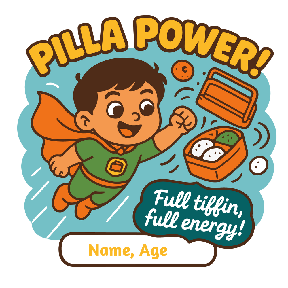 Cartoon superhero kid flying with idli-sambar tiffin box, customizable with name and age.