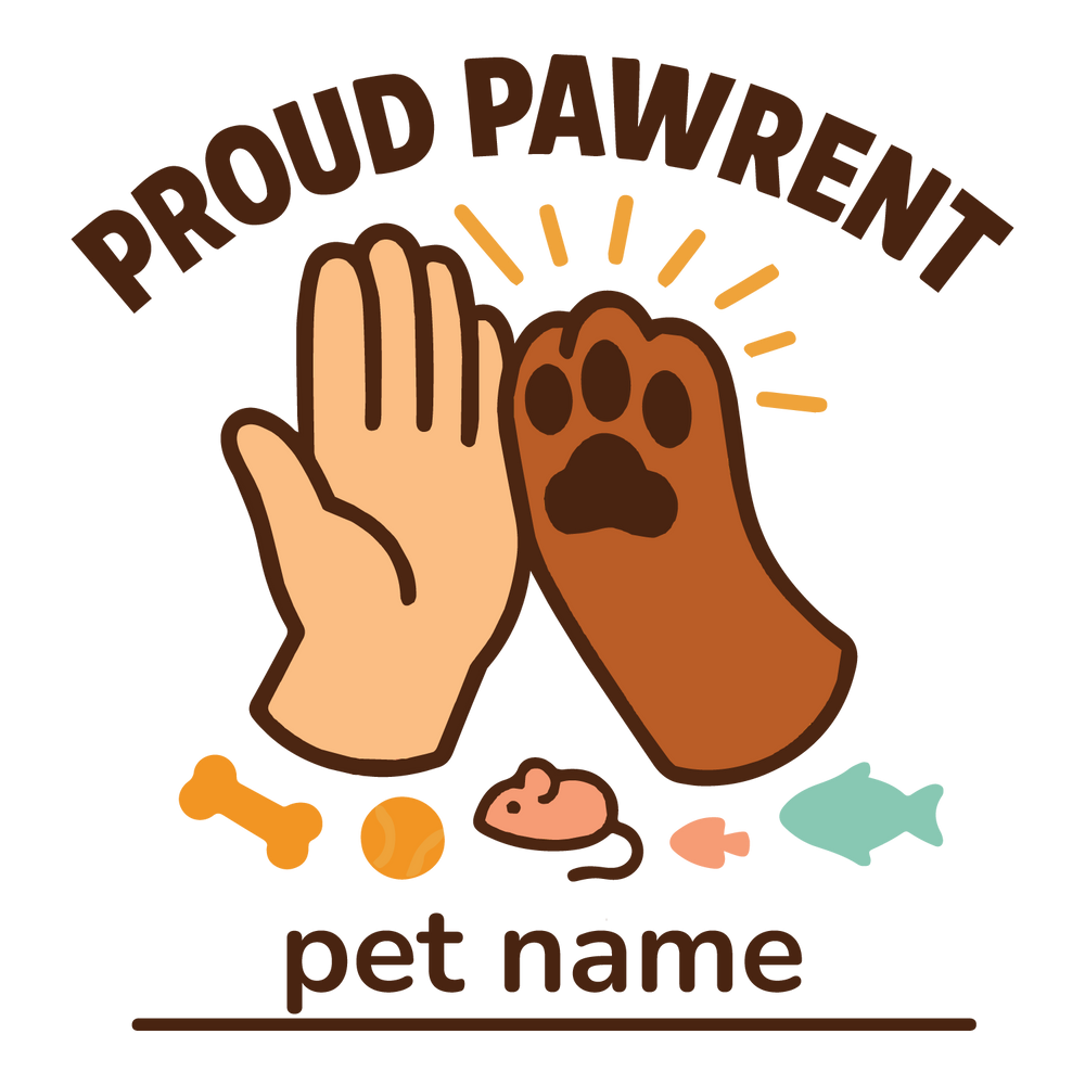 Hand and paw high-five design with pet icons, customizable with pet name.