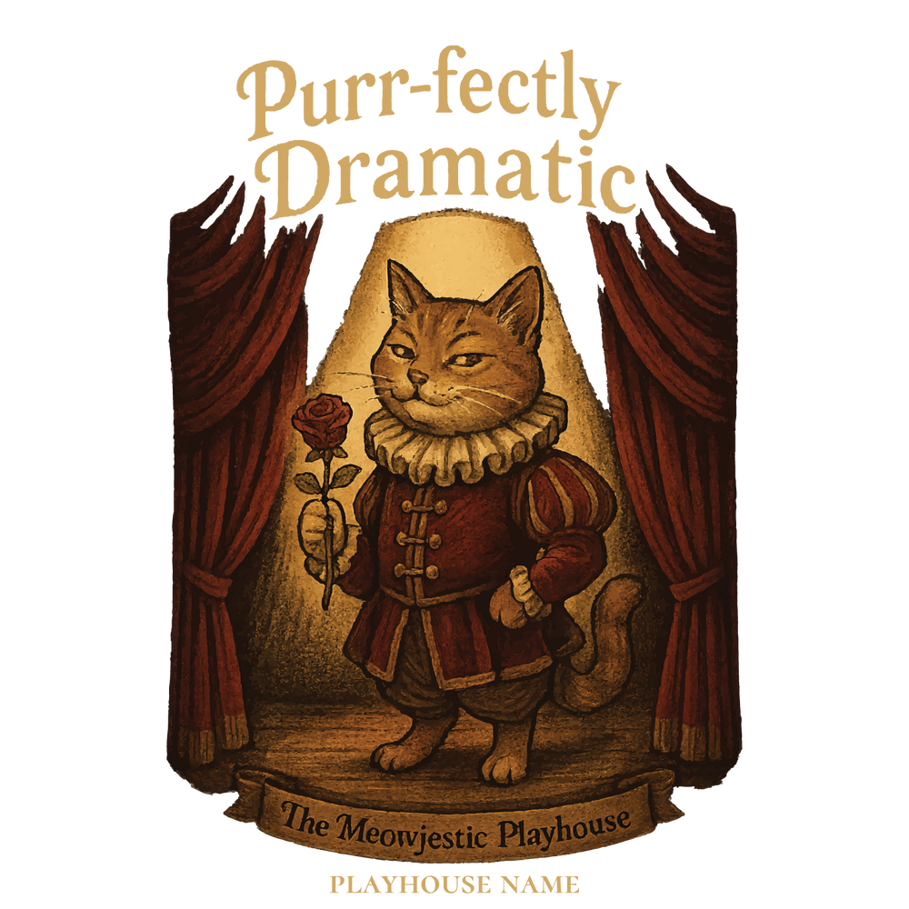 Theater cat holding rose on stage with curtains, customizable playhouse name text.