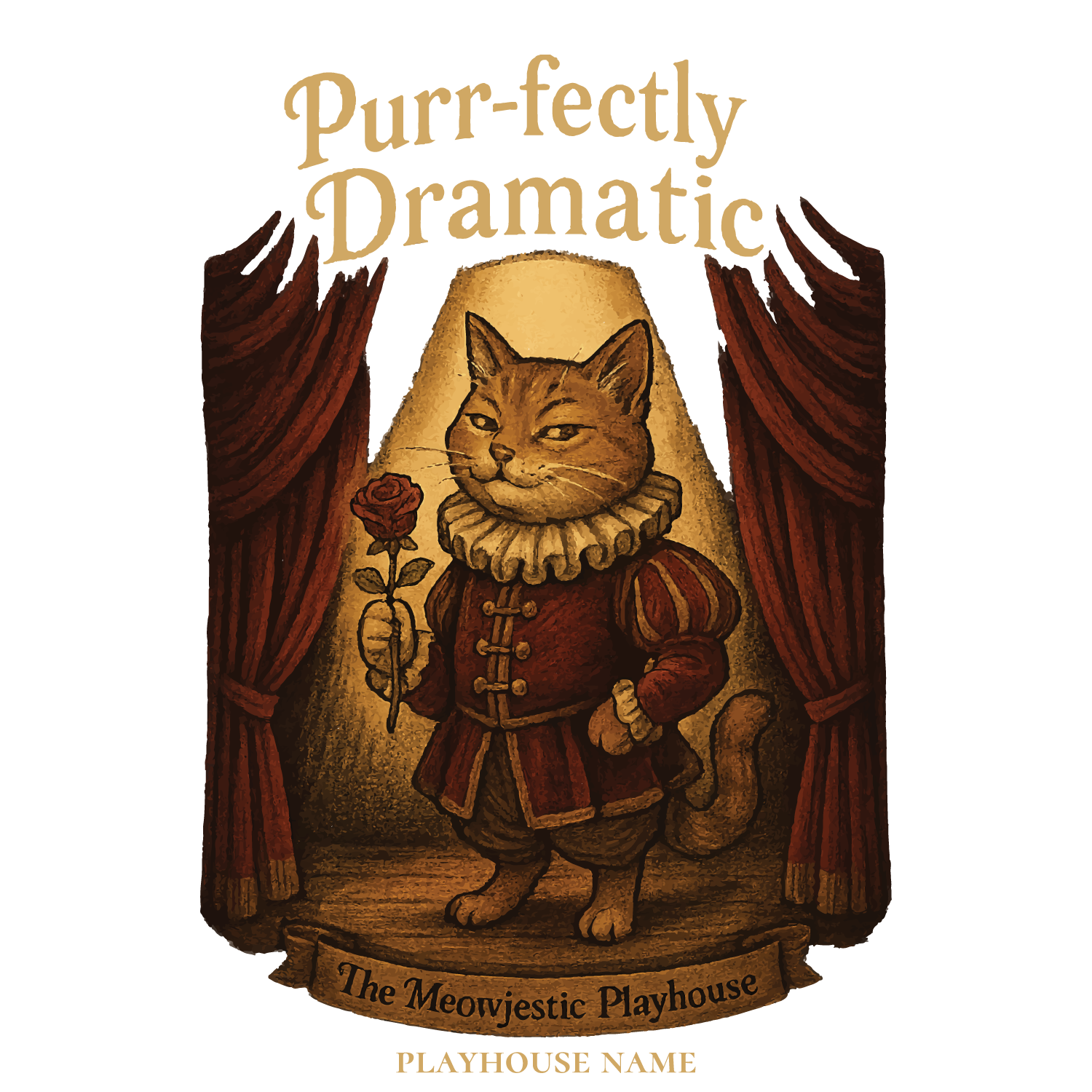 Theater cat holding rose on stage with curtains, customizable playhouse name text.