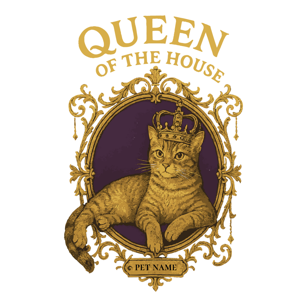 Regal cat in crown within ornate golden frame, customizable nameplate with pet name.
