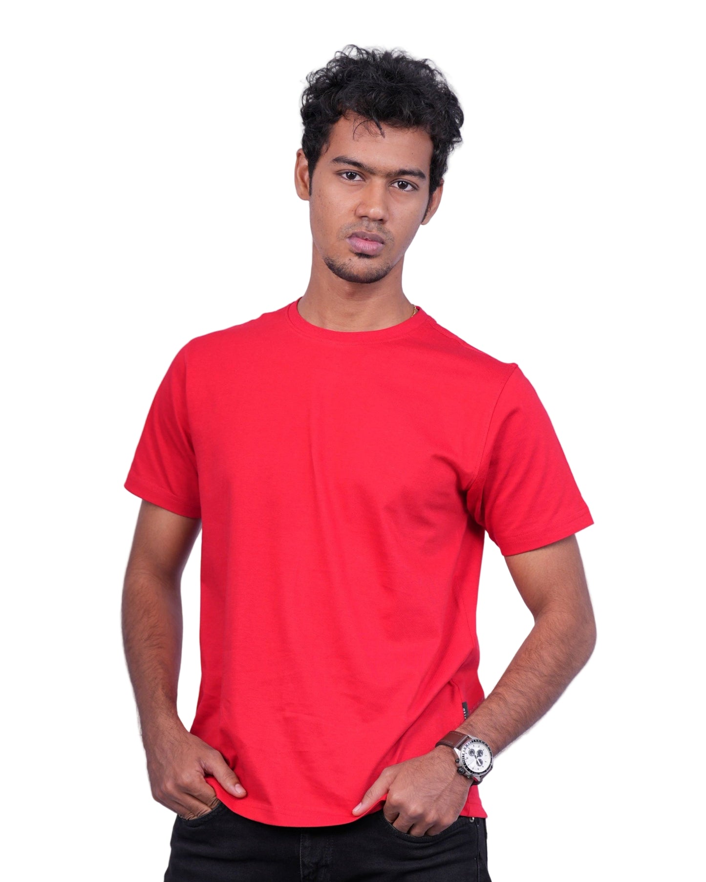 Person wearing a red t-shirt against a white background