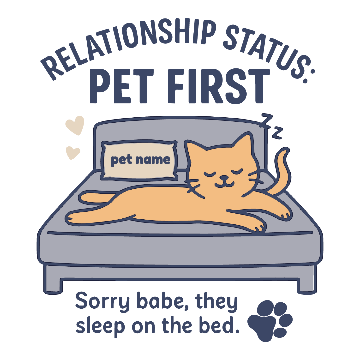 Cat lounging on bed with text “Relationship Status: Pet First,” customizable pillow with pet name.