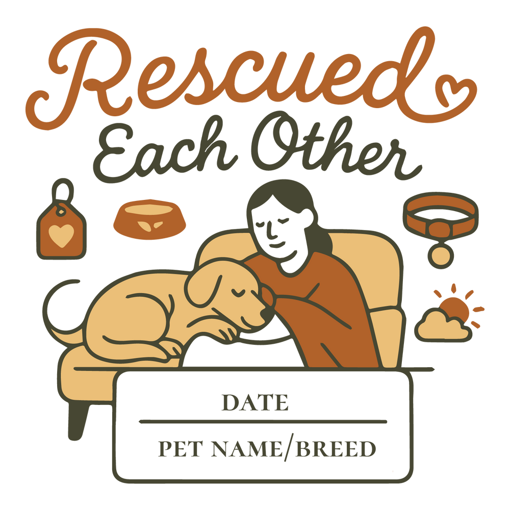 Custom “Rescued Each Other” T-shirt with person hugging rescue dog, editable adoption date, pet name, and breed.