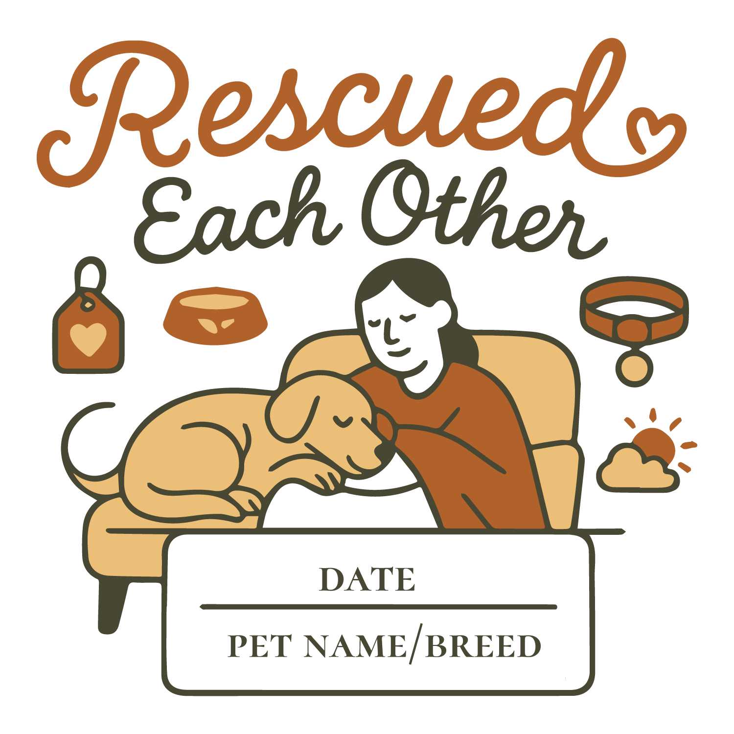 Custom “Rescued Each Other” T-shirt with person hugging rescue dog, editable adoption date, pet name, and breed.