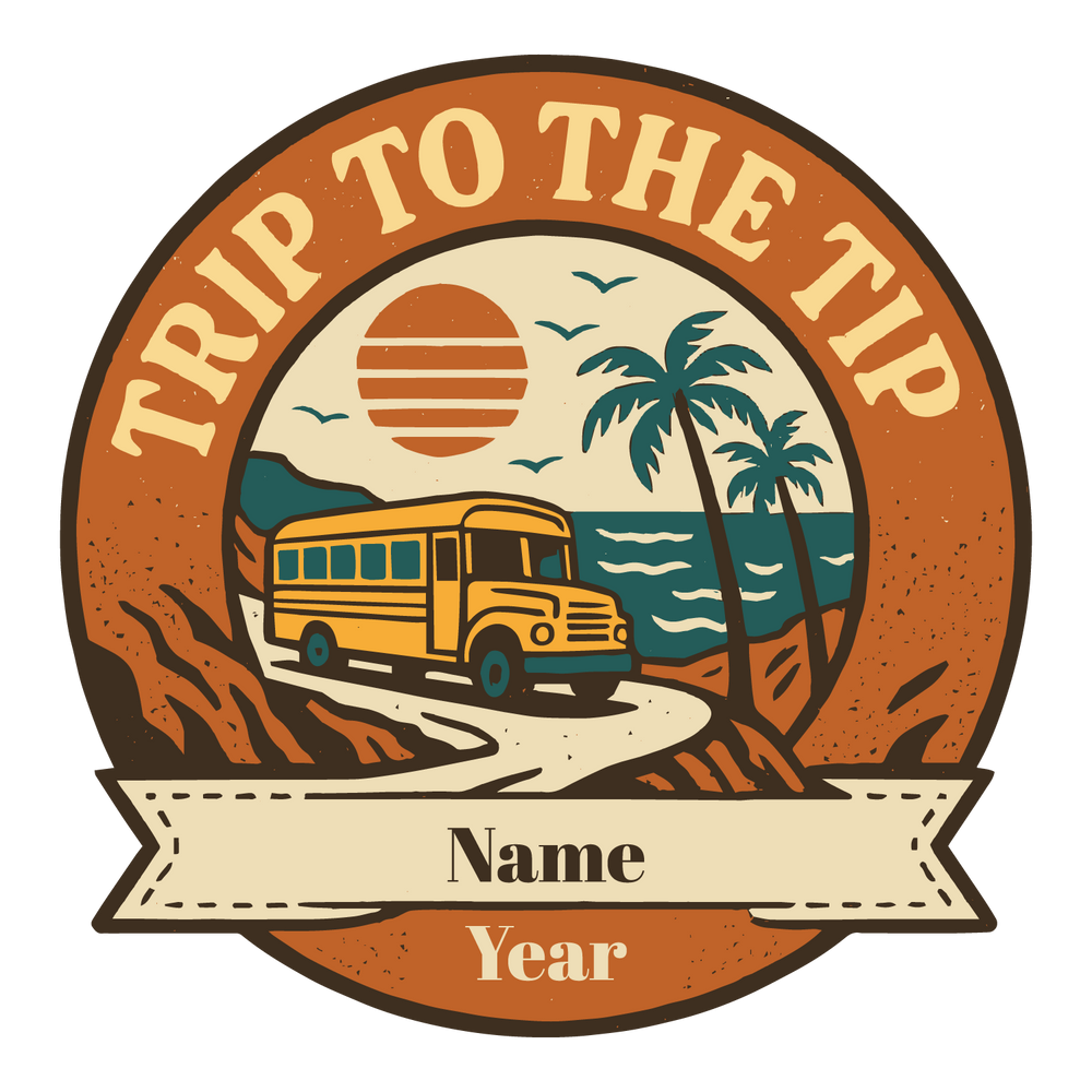 Retro travel tee with bus on a coastal road, sunset, palm trees, and customizable name and year fields.