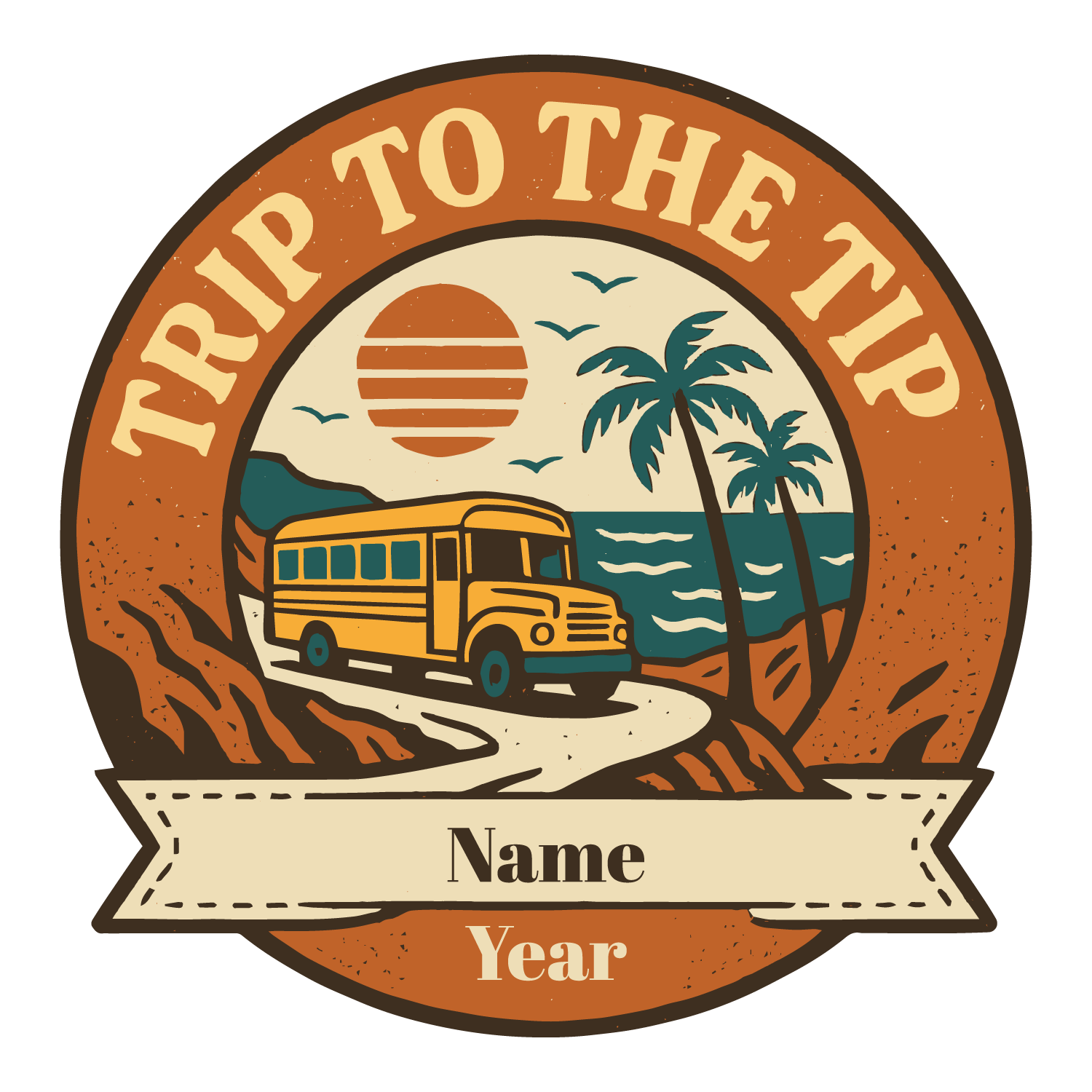 Retro travel tee with bus on a coastal road, sunset, palm trees, and customizable name and year fields.