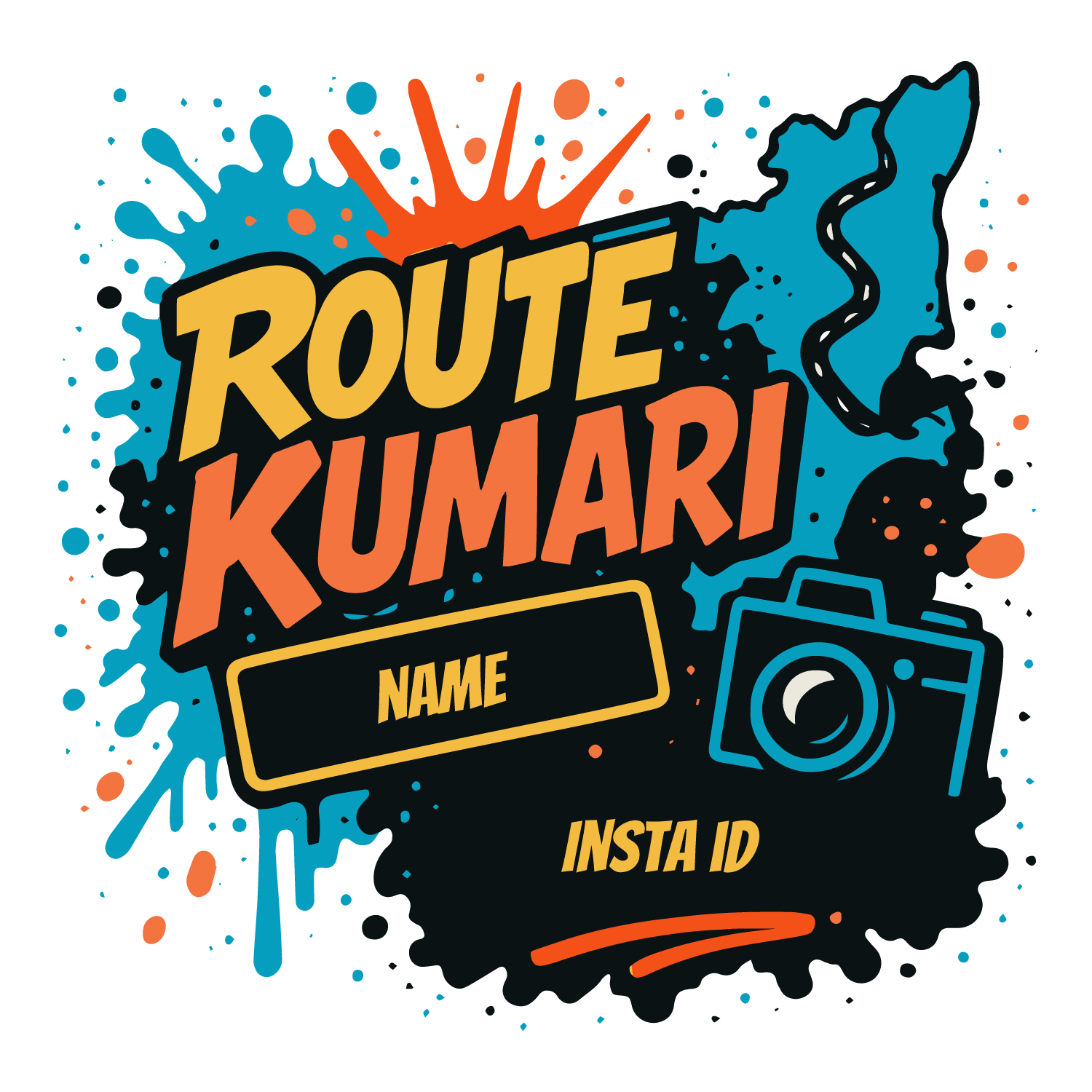Travel tee with bold splashes, map silhouette, camera icon, customizable name and Insta ID fields.