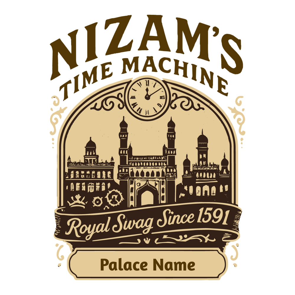 Vintage Hyderabad T-shirt with Charminar, palace silhouettes, clock, and customizable palace name.