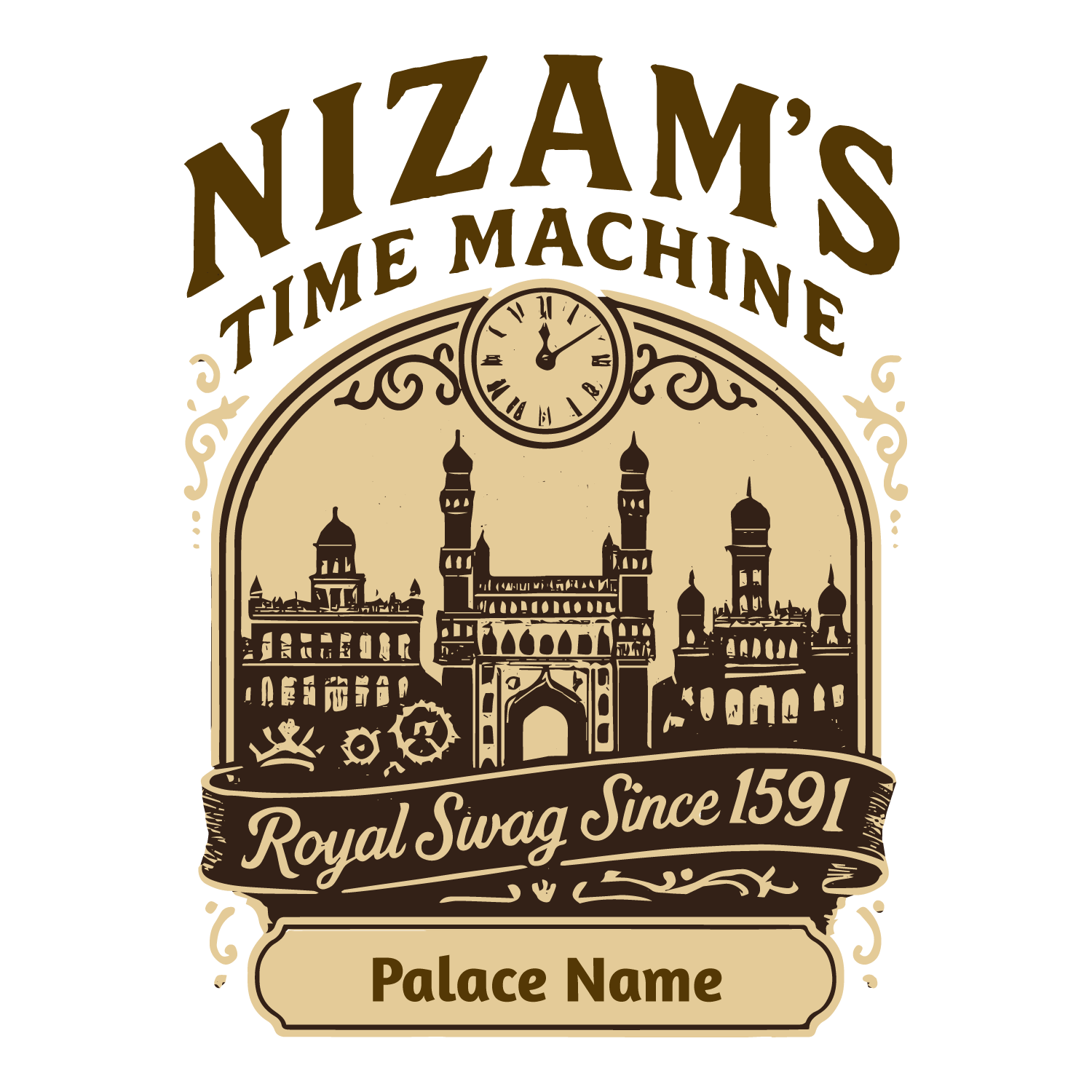 Vintage Hyderabad T-shirt with Charminar, palace silhouettes, clock, and customizable palace name.
