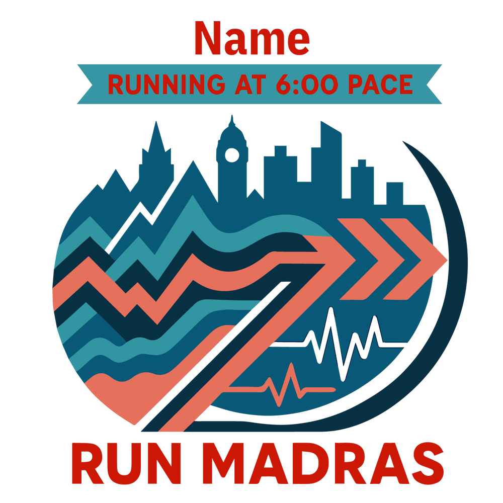 Run Madras T-shirt design with skyline, arrows, waves, and customizable name and running pace.