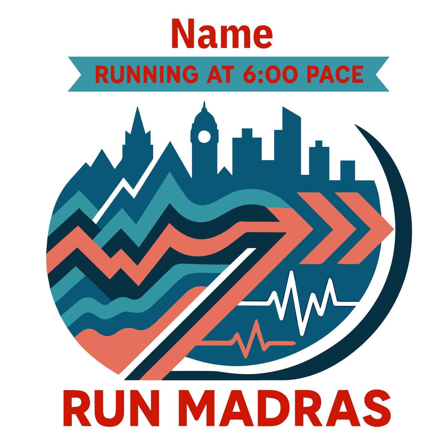 Run Madras T-shirt design with skyline, arrows, waves, and customizable name and running pace.