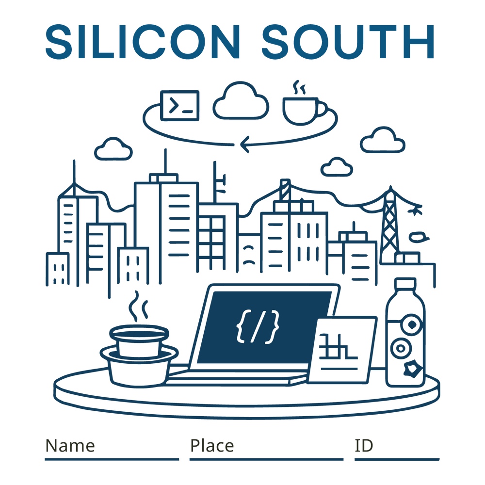 Silicon South T-shirt design with tech skyline, laptop, filter coffee, and customizable name, place, and ID.