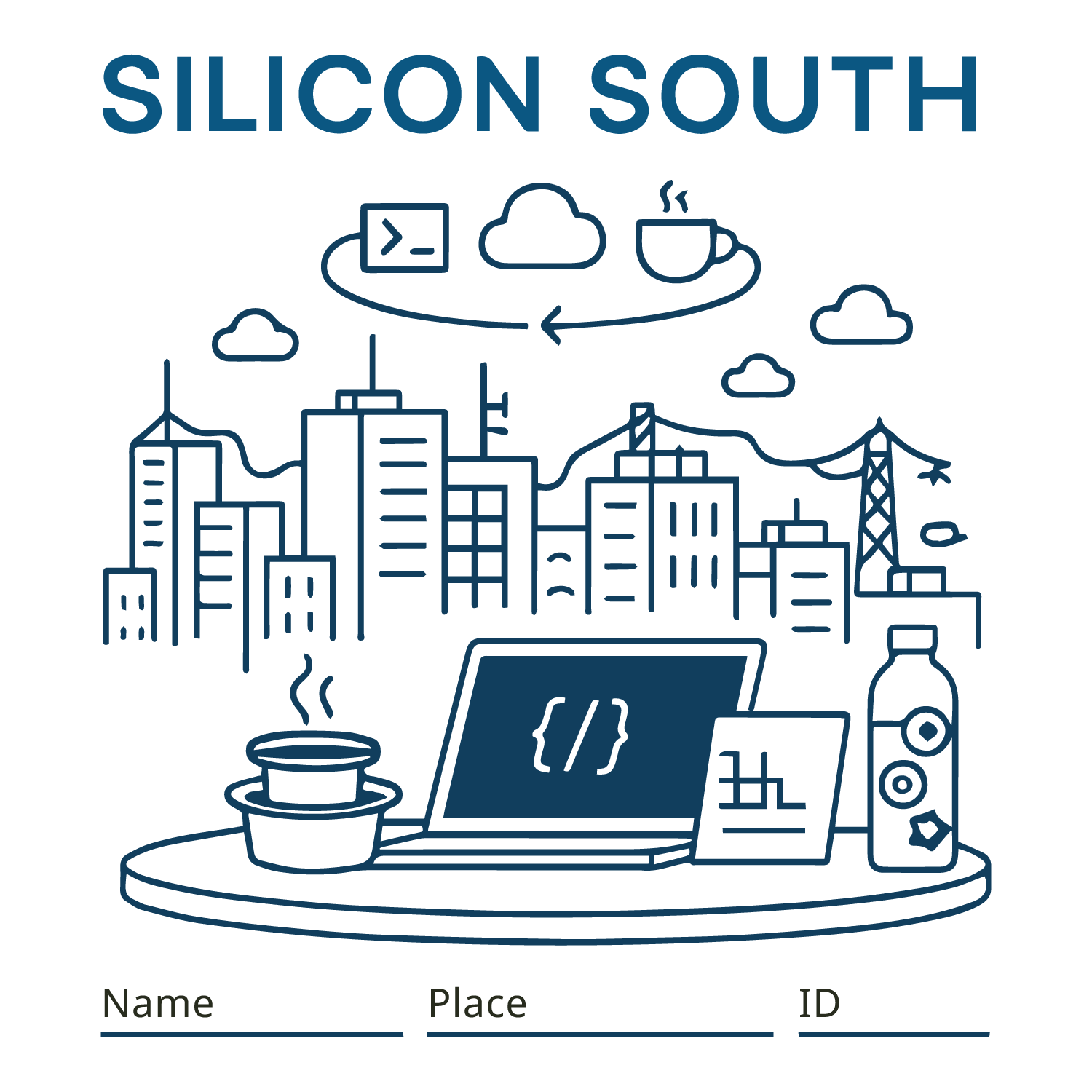 Silicon South T-shirt design with tech skyline, laptop, filter coffee, and customizable name, place, and ID.