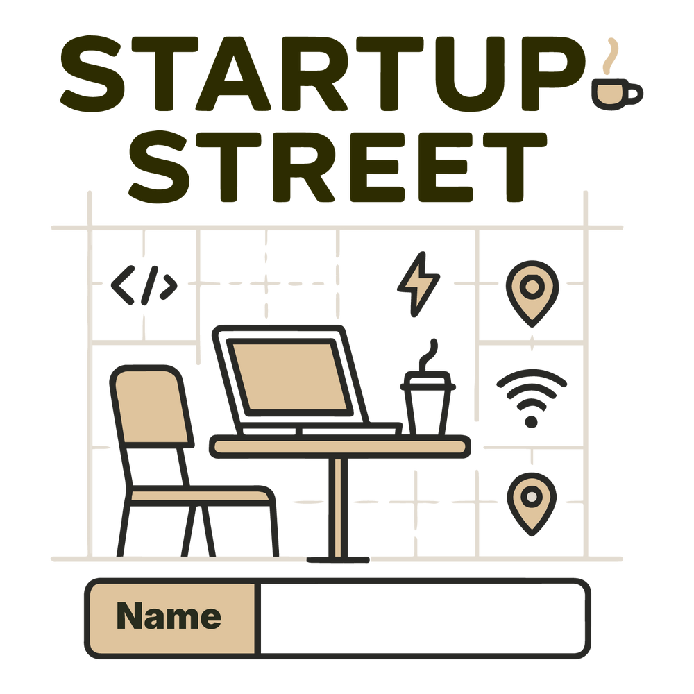 Startup Street T-shirt design with laptop, chair, coffee, Wi-Fi, and customizable name.