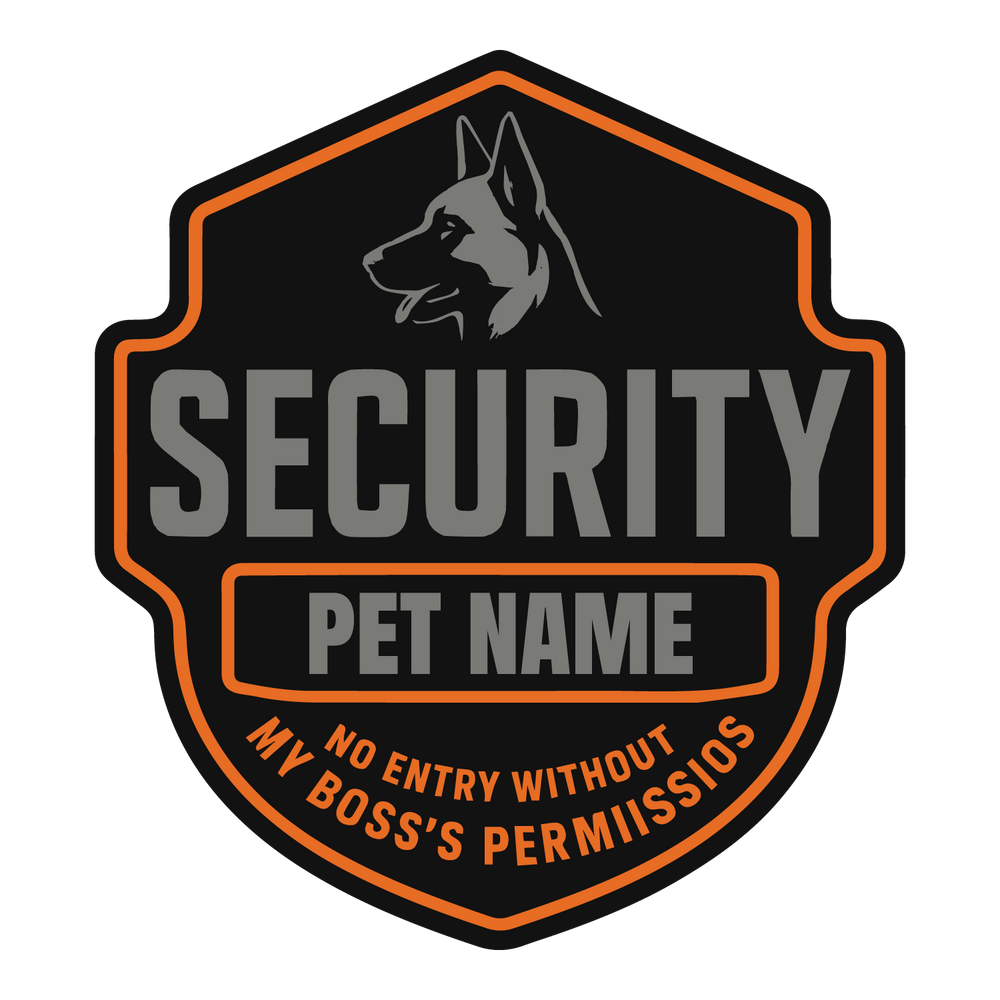 Shield badge design with dog silhouette and “Security” text, customizable with pet name.