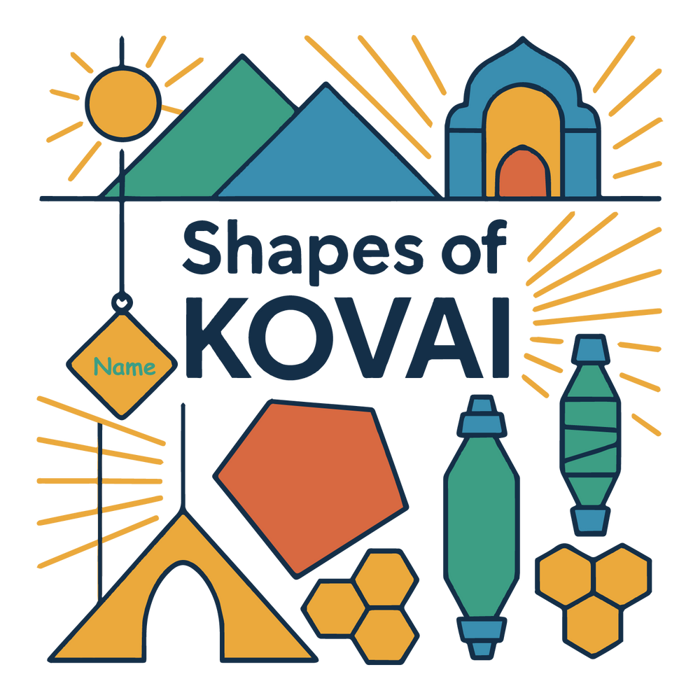 Shapes of Kovai T-shirt with geometric icons of temples, mountains, mills, and customizable name.