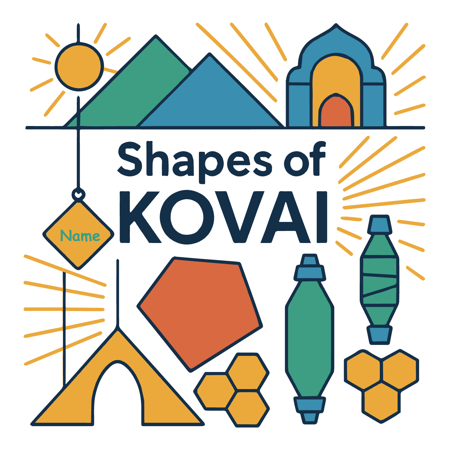 Shapes of Kovai T-shirt with geometric icons of temples, mountains, mills, and customizable name.