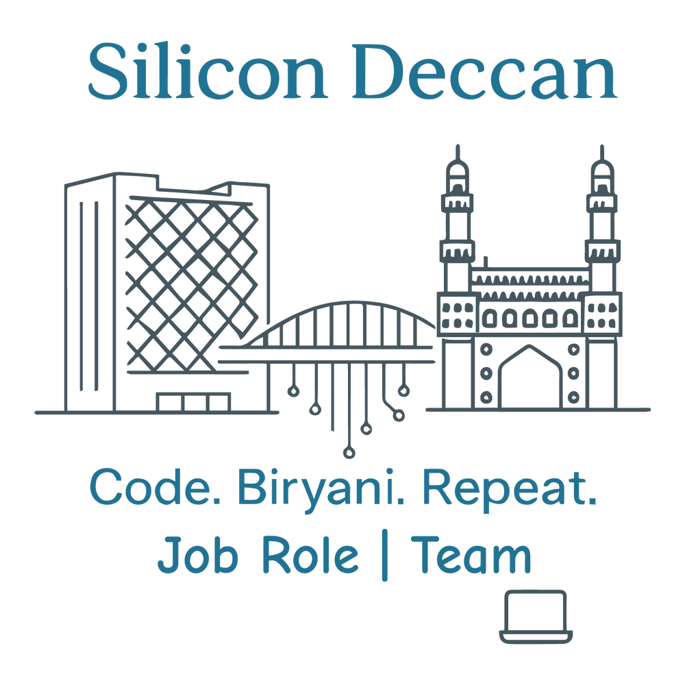 Minimal line-art of Charminar, IT buildings, and coding circuits with tagline “Code. Biryani. Repeat.”