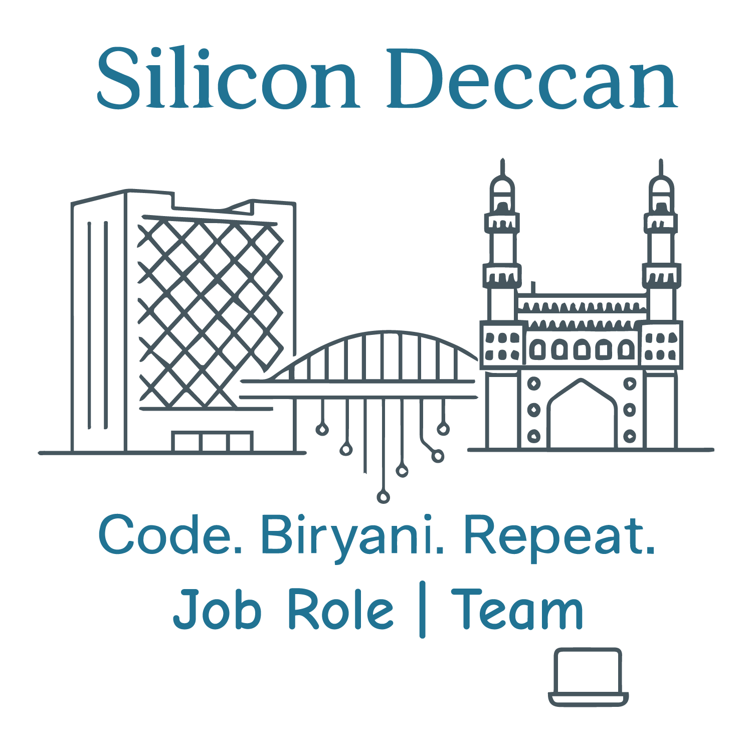 Minimal line-art of Charminar, IT buildings, and coding circuits with tagline “Code. Biryani. Repeat.”
