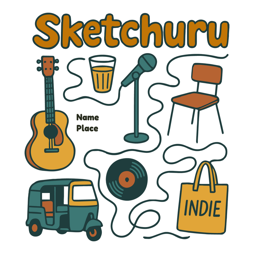 Sketchuru T-shirt design with guitar, chai glass, mic, auto, record, and customizable name and place.