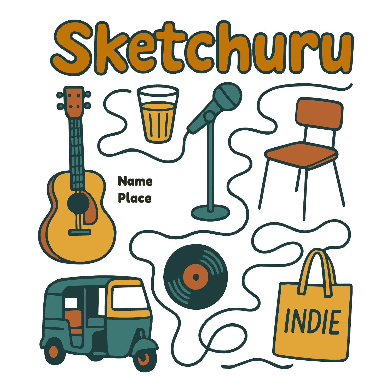 Sketchuru T-shirt design with guitar, chai glass, mic, auto, record, and customizable name and place.