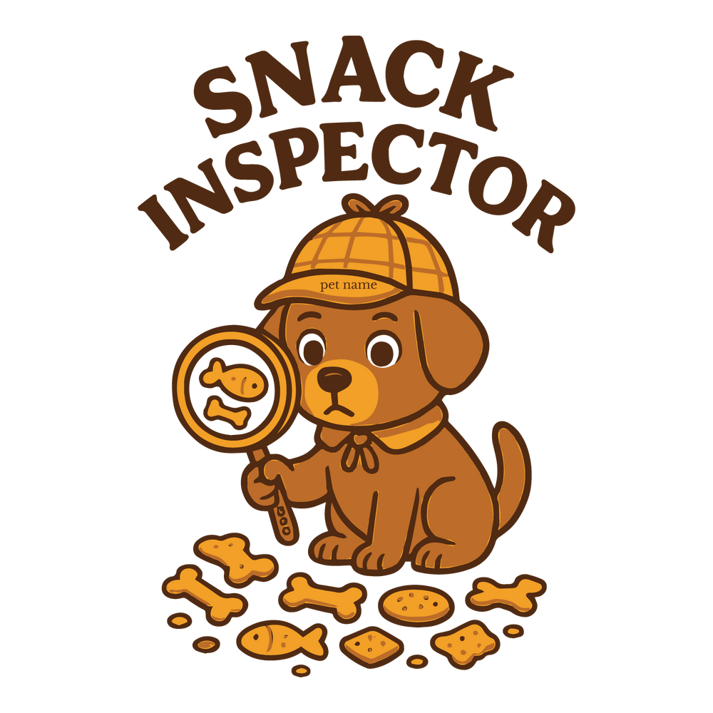 Funny “Snack Inspector” custom dog T-shirt with detective pup, magnifying glass, and editable pet name.
