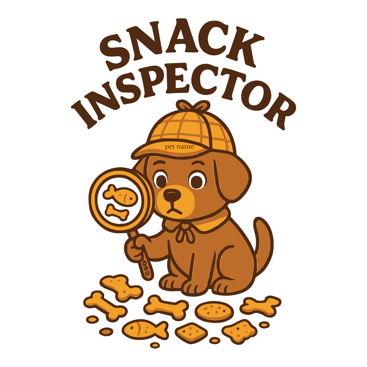 Funny “Snack Inspector” custom dog T-shirt with detective pup, magnifying glass, and editable pet name.