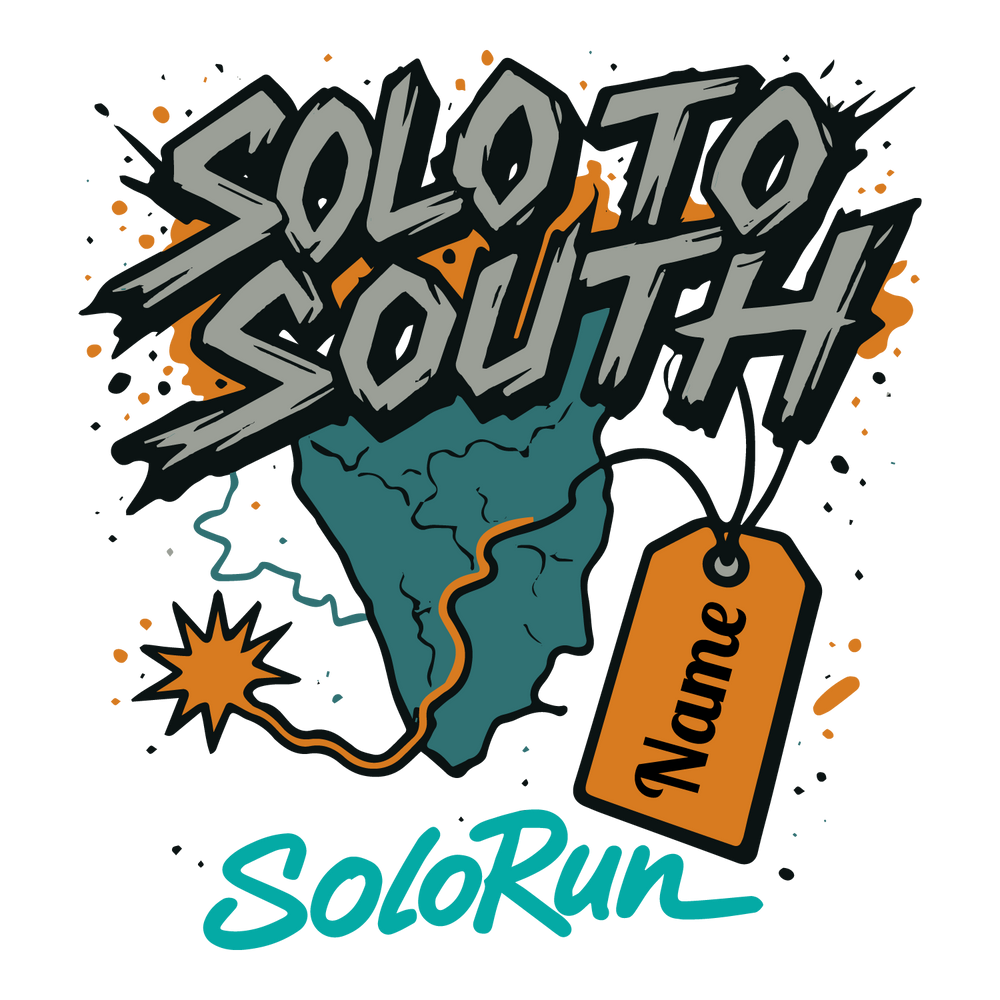 Graffiti-style Solo to South tee with South India map, customizable name tag, and SoloRun text.