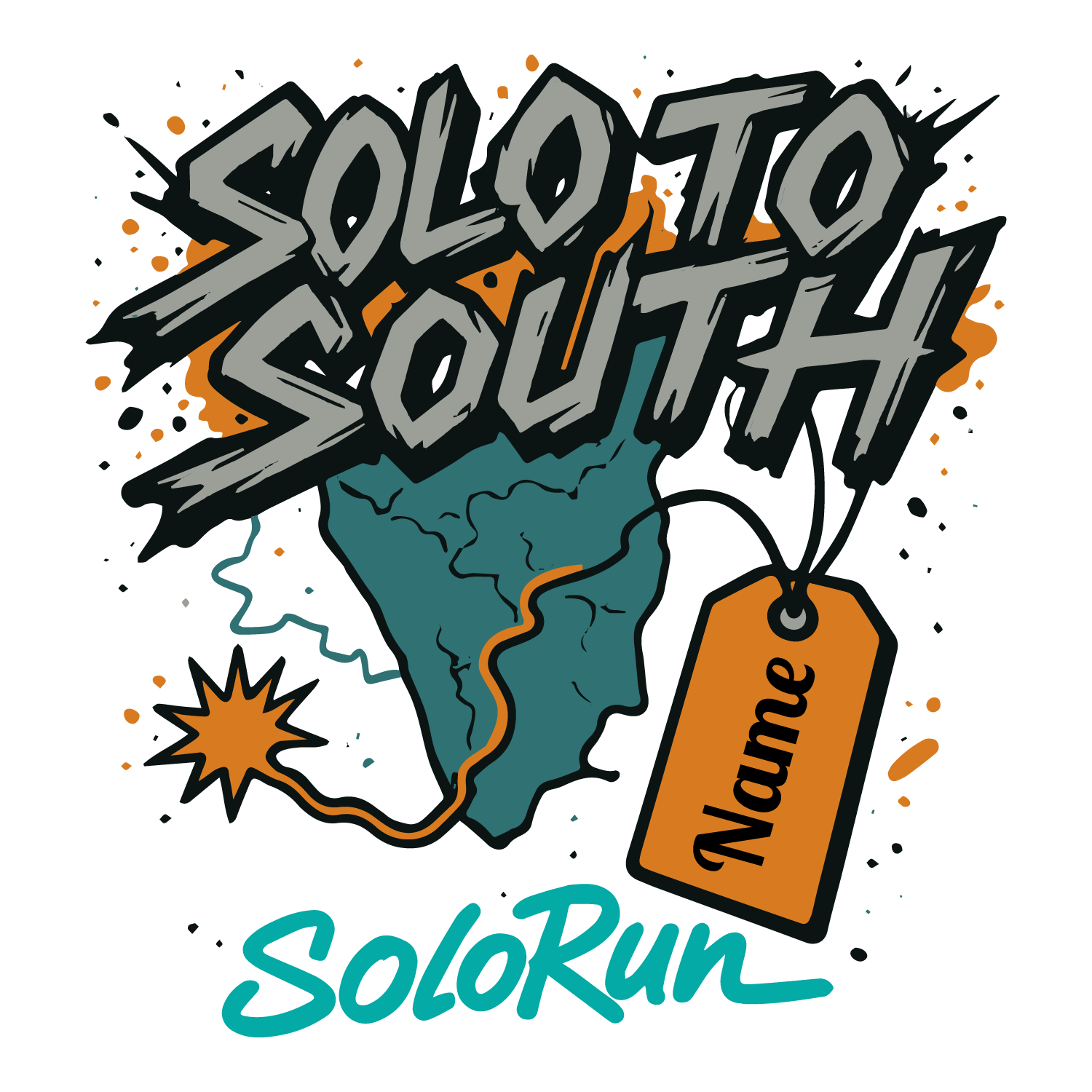Graffiti-style Solo to South tee with South India map, customizable name tag, and SoloRun text.
