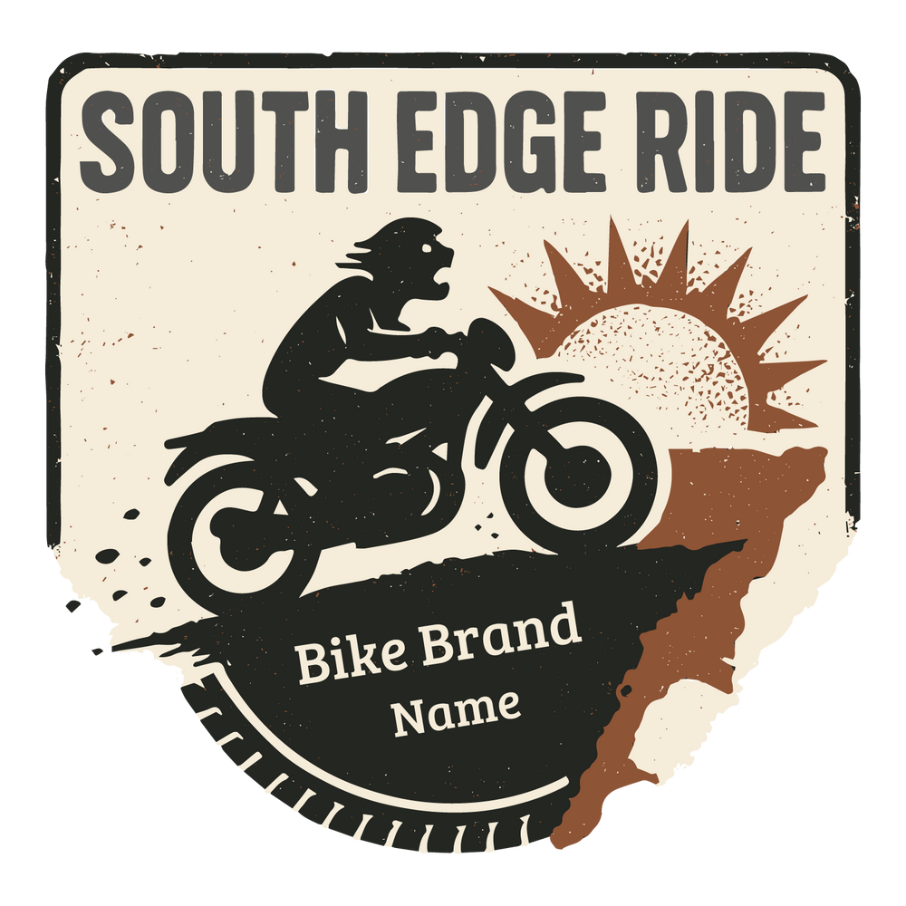 Biker silhouette at cliff edge with rising sun, customizable fields for bike brand and name.