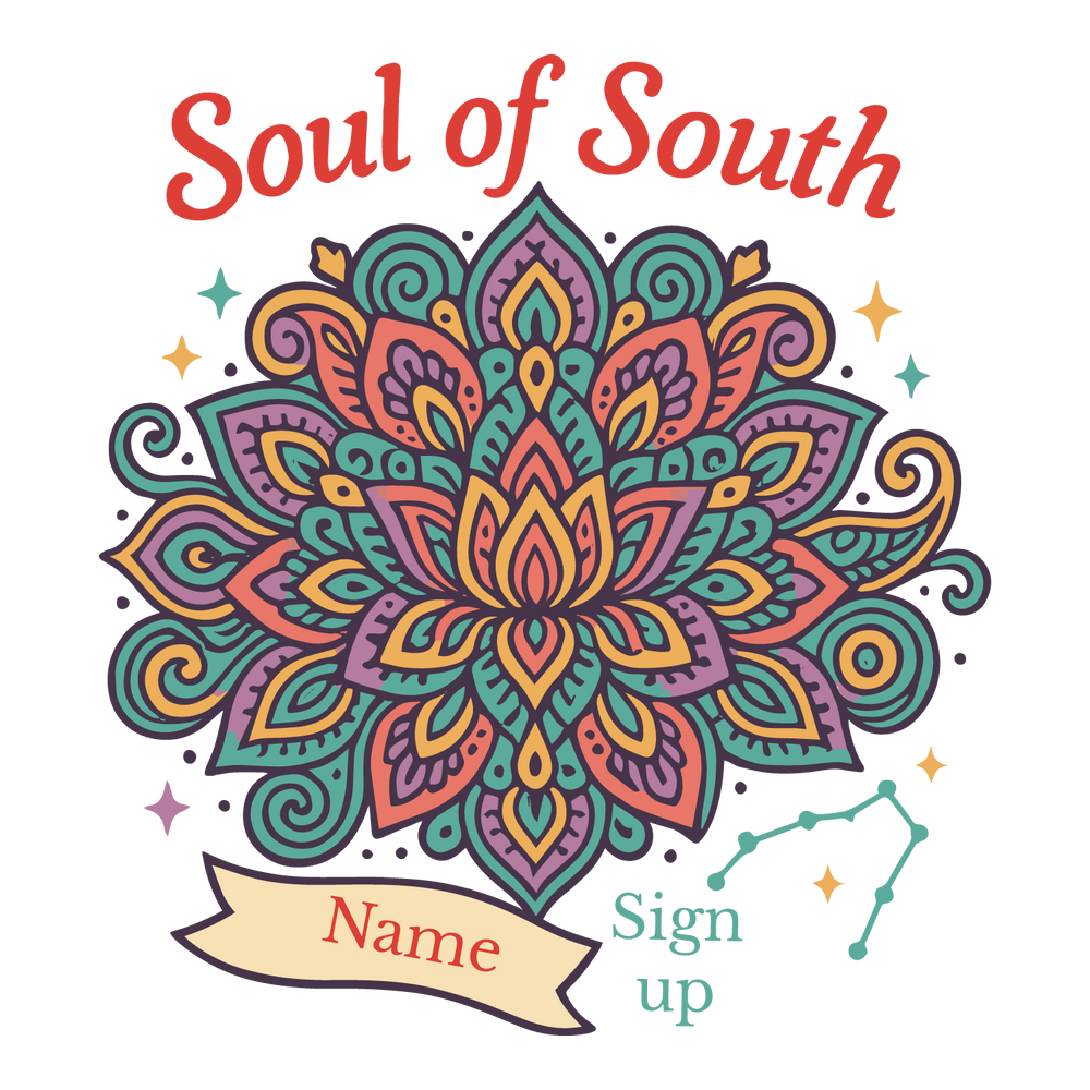 Soul of South T-shirt with colorful mandala artwork and customizable name.