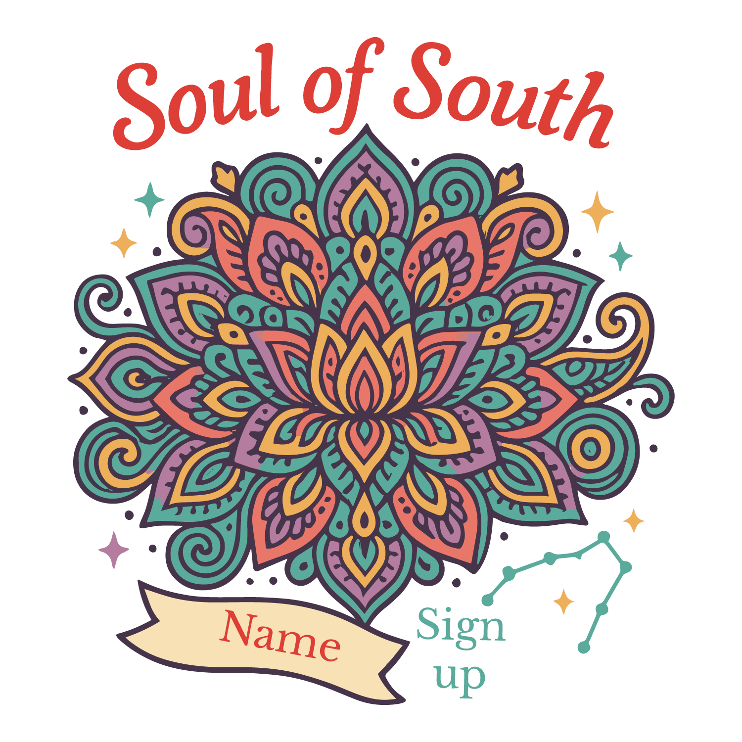 Soul of South T-shirt with colorful mandala artwork and customizable name.