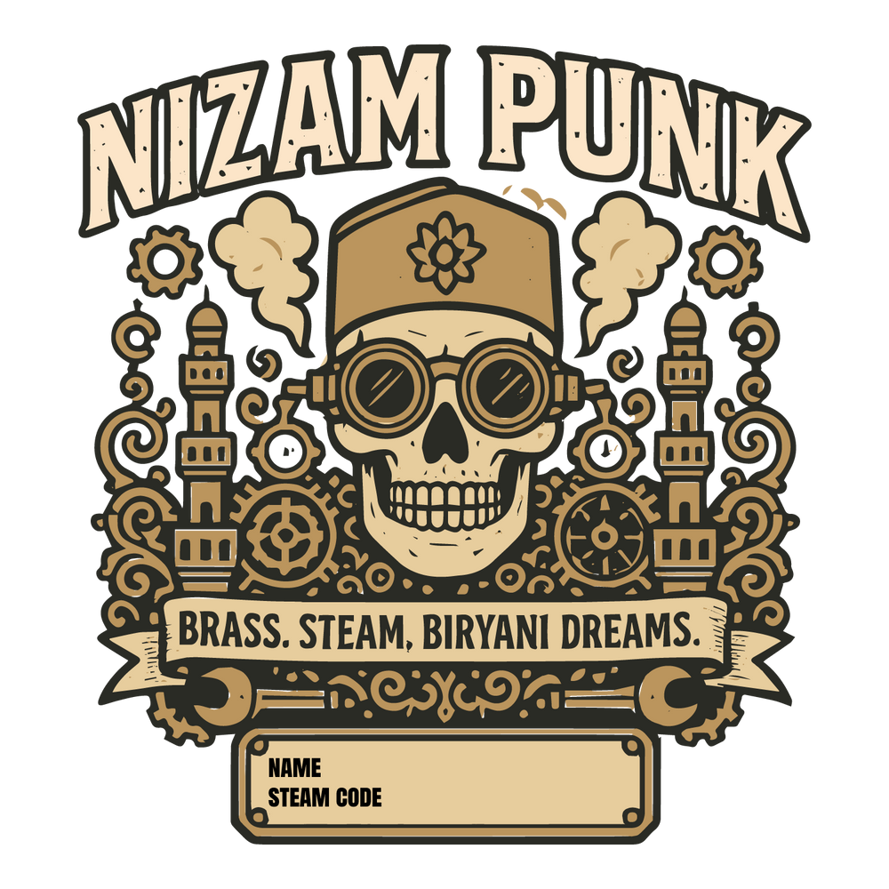 Steampunk skull in fez and goggles with gears and Charminar towers, customizable nameplate below.