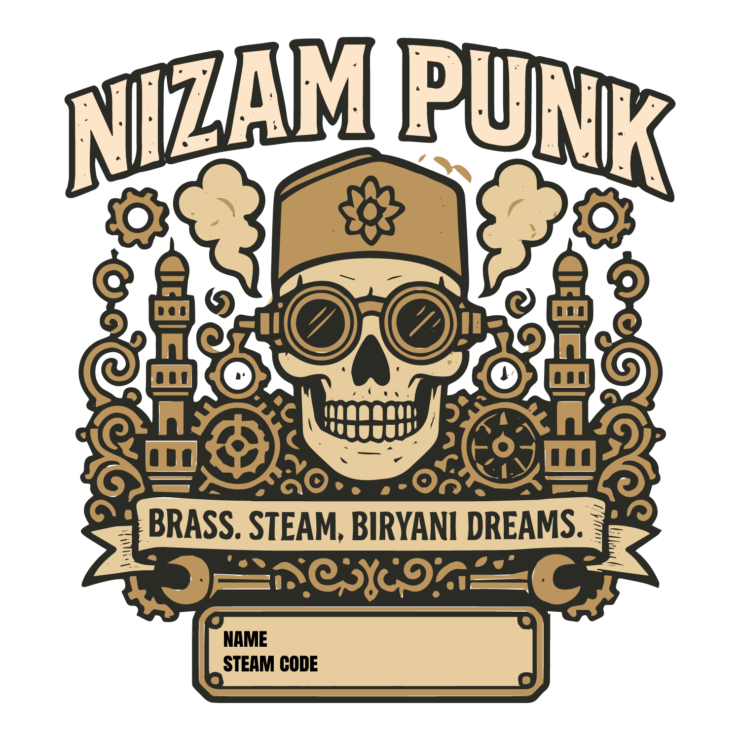 Steampunk skull in fez and goggles with gears and Charminar towers, customizable nameplate below.