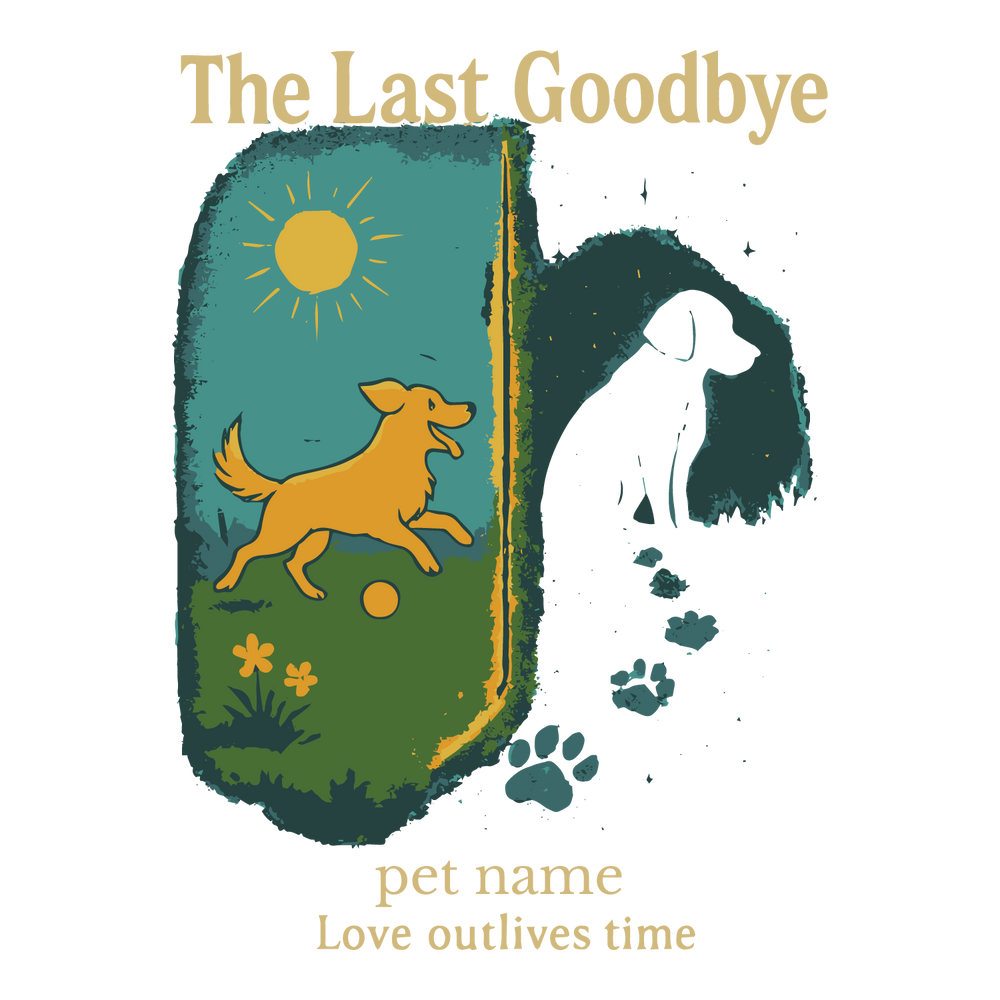Dog memorial design with sunshine and fading silhouette — customizable pet name tribute T-shirt.