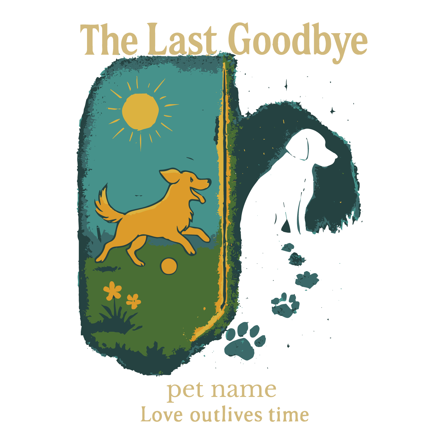 Dog memorial design with sunshine and fading silhouette — customizable pet name tribute T-shirt.