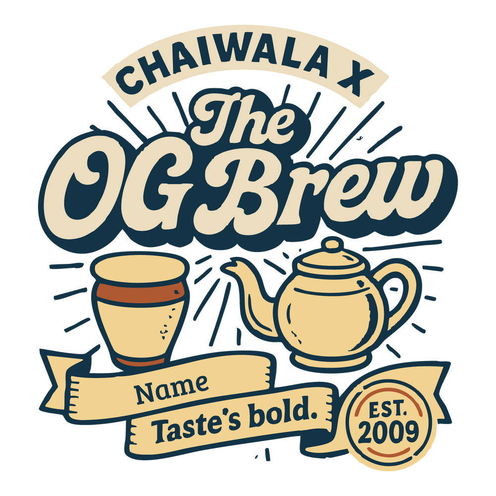 Vintage-style chai T-shirt design featuring kettle and clay cup with editable name and year fields, and text “The OG Brew – Taste’s Bold.”