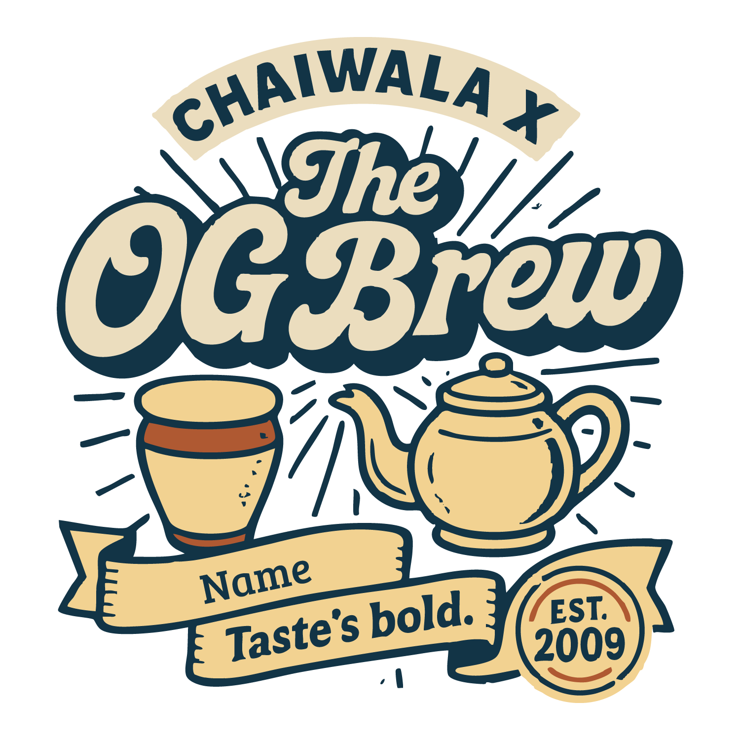 Vintage-style chai T-shirt design featuring kettle and clay cup with editable name and year fields, and text “The OG Brew – Taste’s Bold.”