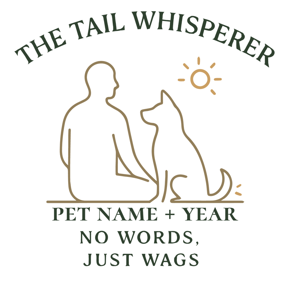 Minimal line-art of person and dog with customizable pet name and year on T-shirt.