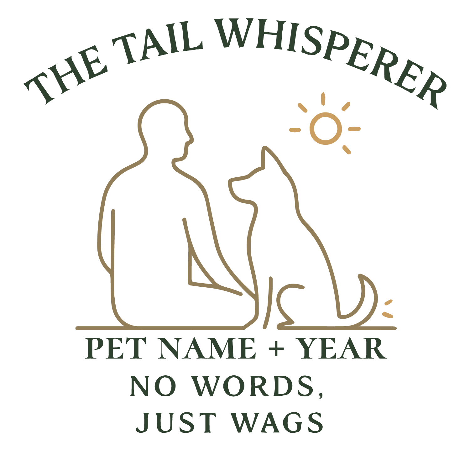 Minimal line-art of person and dog with customizable pet name and year on T-shirt.