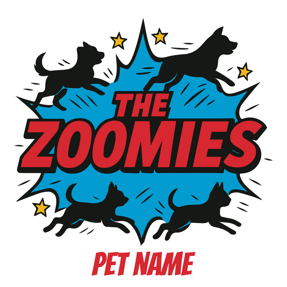 Comic-style “The Zoomies” custom dog T-shirt with running dog silhouettes, explosion graphic, stars, and editable pet name.